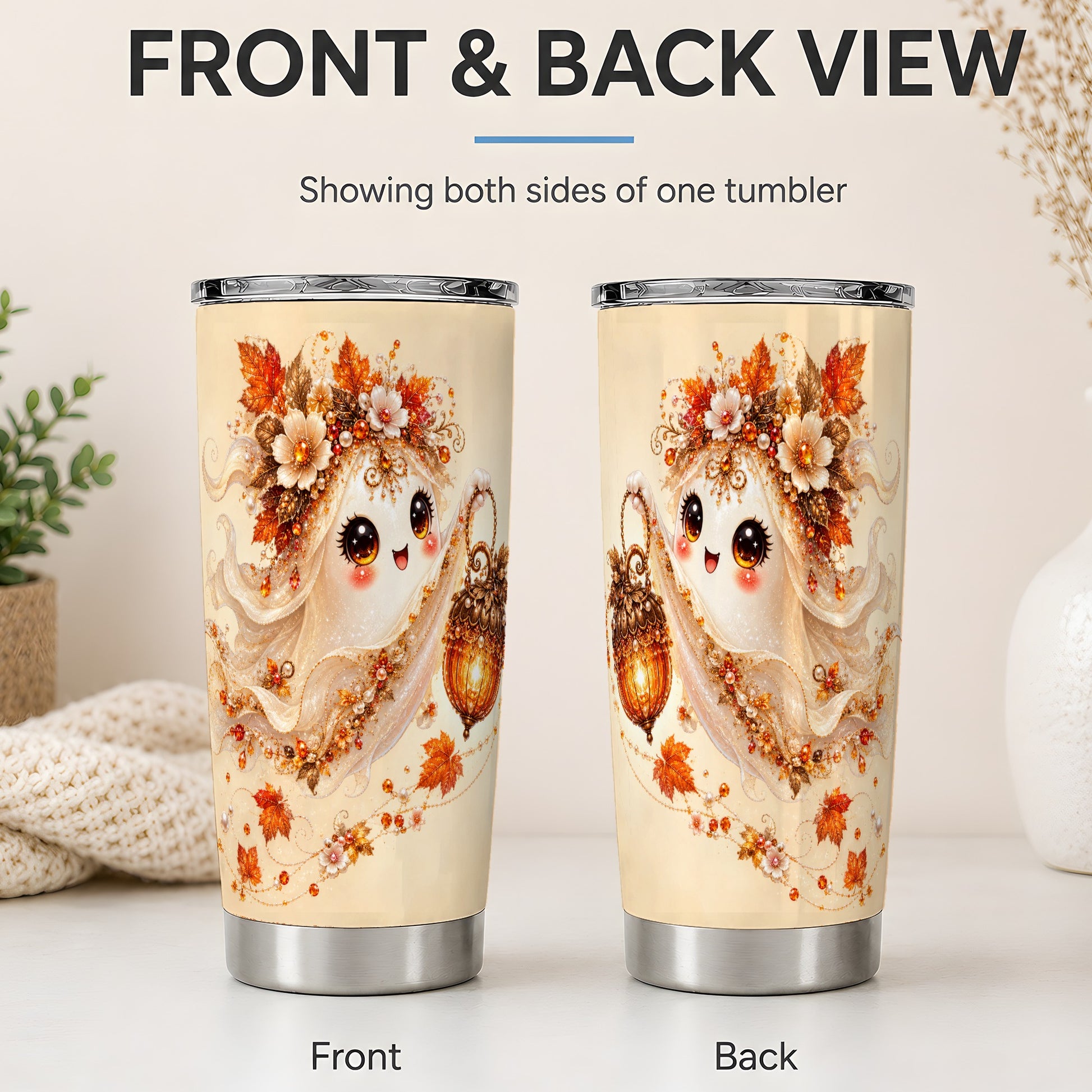 #pl[20oz|Steel] Autumn Ghost Lantern 20oz Tumbler, Fall Floral Art for Ghost Fans