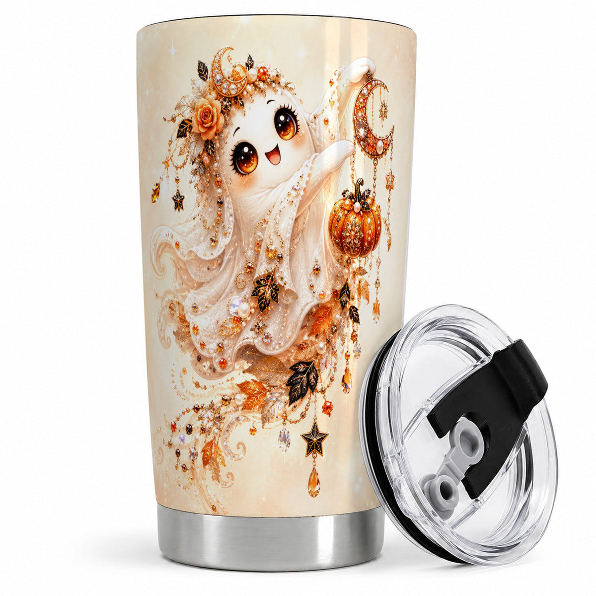 Celestial Autumn Ghost 20oz Tumbler, Moon Pumpkin Art for Ghost Fans