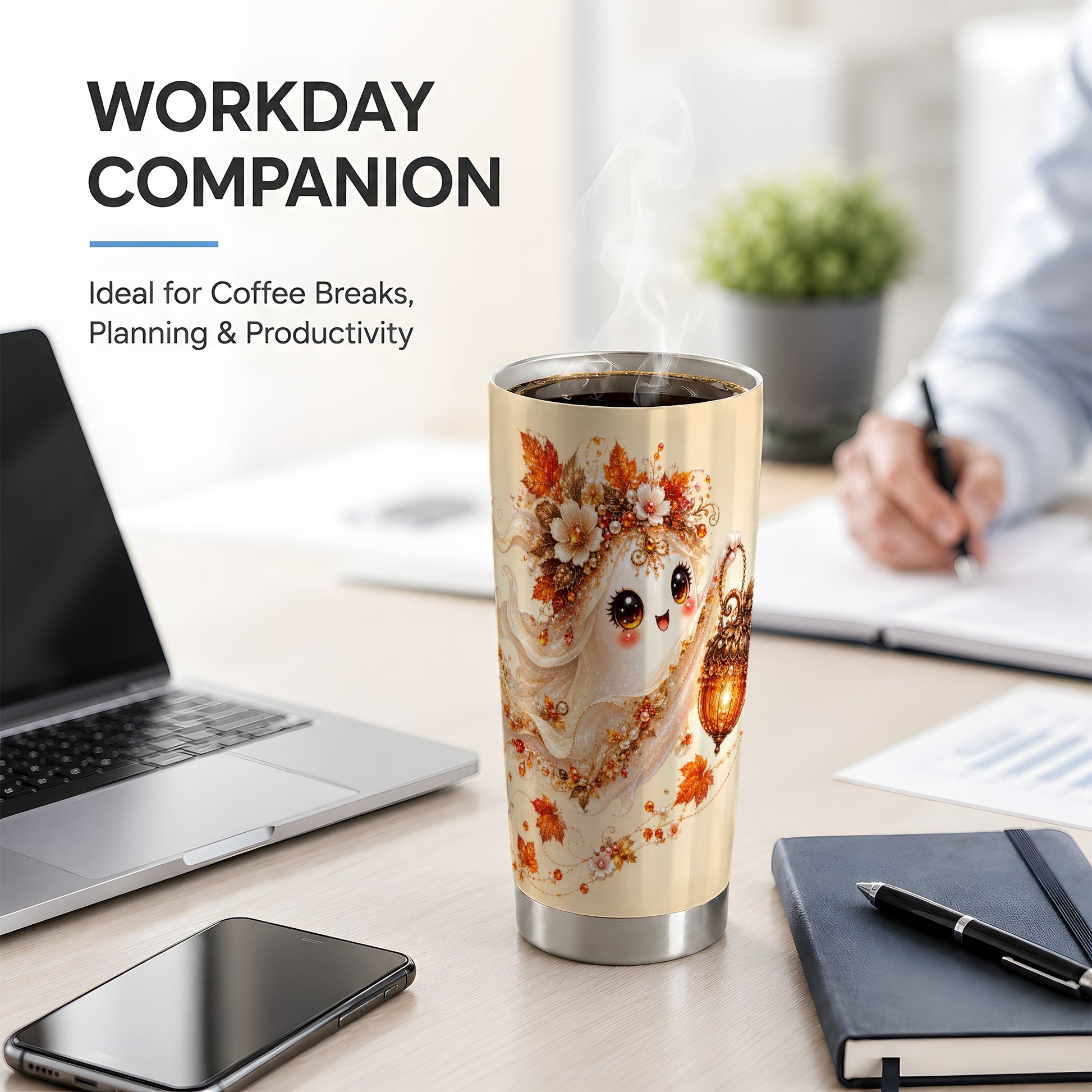 #pl[20oz|Steel] Autumn Ghost Lantern 20oz Tumbler, Fall Floral Art for Ghost Fans