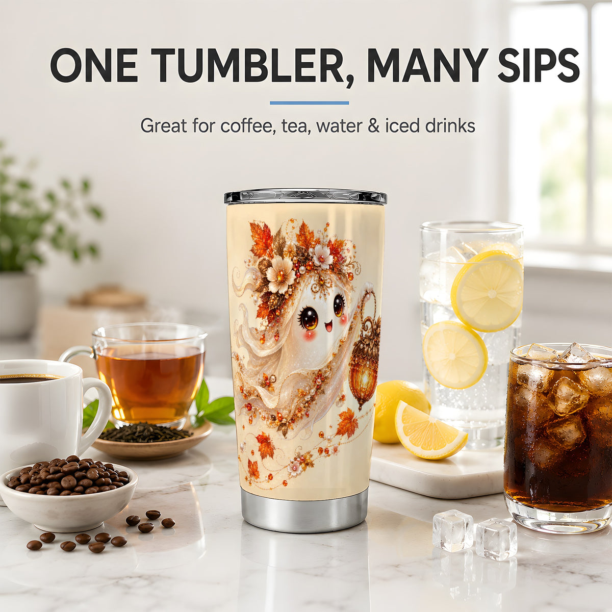 #pl[20oz|Steel] Autumn Ghost Lantern 20oz Tumbler, Fall Floral Art for Ghost Fans