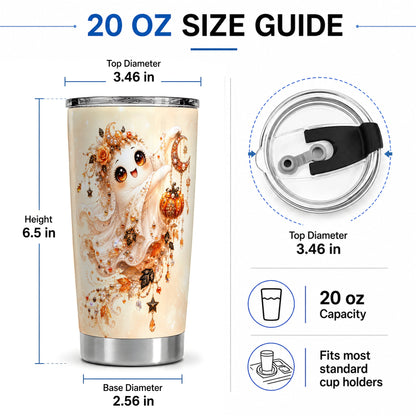 #pl[20oz|Steel] Celestial Autumn Ghost 20oz Tumbler, Moon Pumpkin Art for Ghost Fans