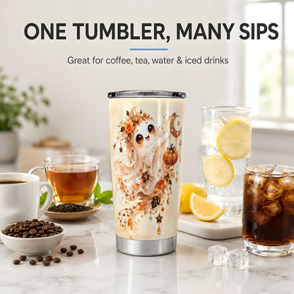 #pl[20oz|Steel] Celestial Autumn Ghost 20oz Tumbler, Moon Pumpkin Art for Ghost Fans