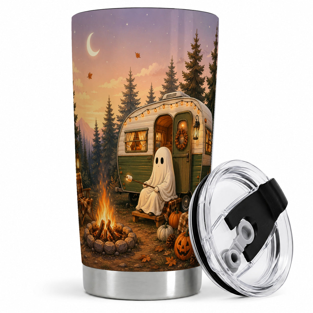 Autumn Camping Ghost 20oz Tumbler, Camper Campfire Art for Campers