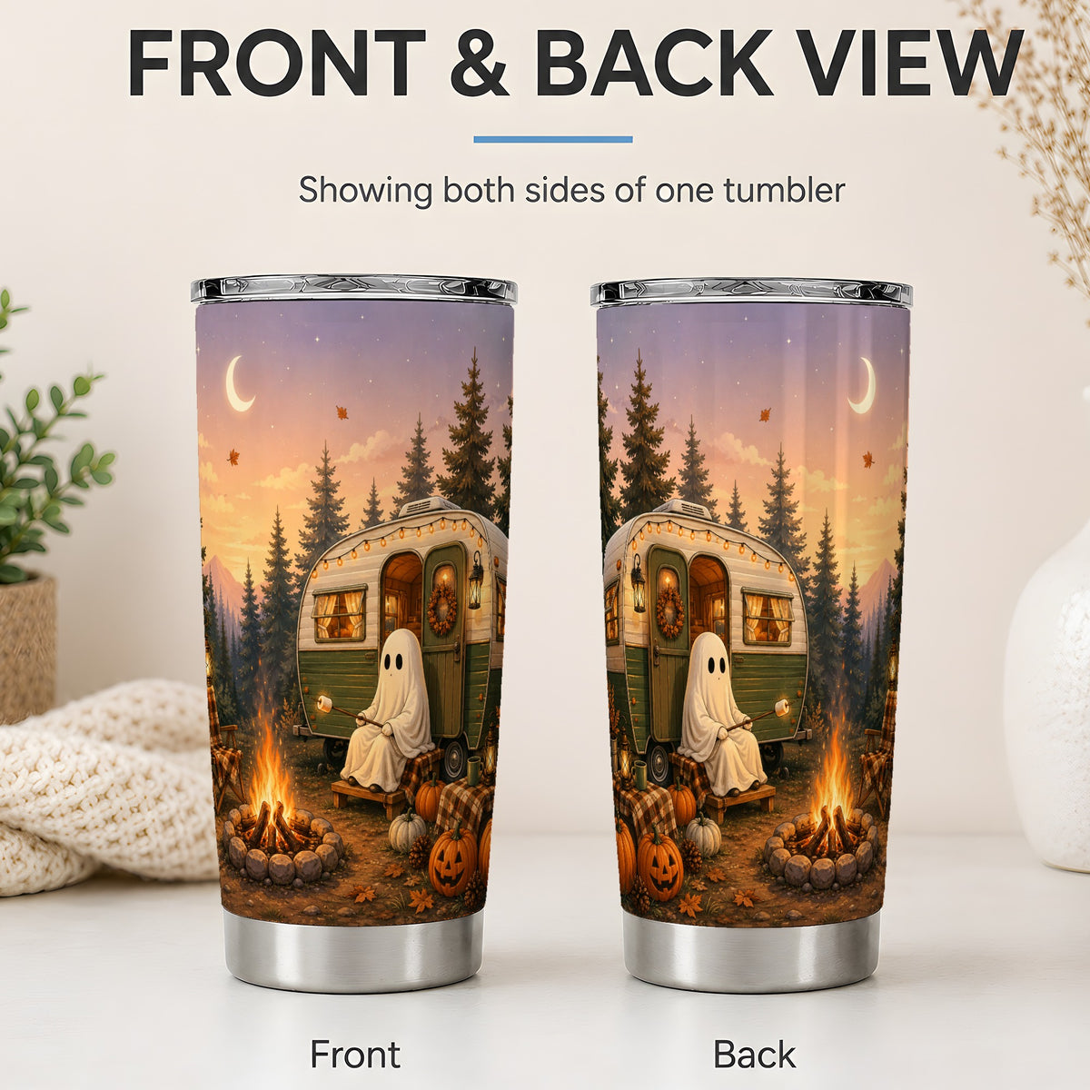 #pl[20oz|Steel] Autumn Camping Ghost 20oz Tumbler, Camper Campfire Art for Campers