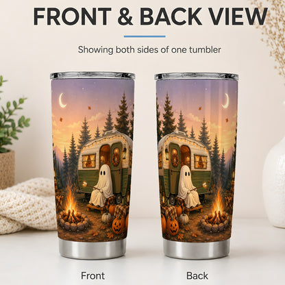 #pl[20oz|Steel] Autumn Camping Ghost 20oz Tumbler, Camper Campfire Art for Campers