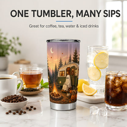 #pl[20oz|Steel] Autumn Camping Ghost 20oz Tumbler, Camper Campfire Art for Campers