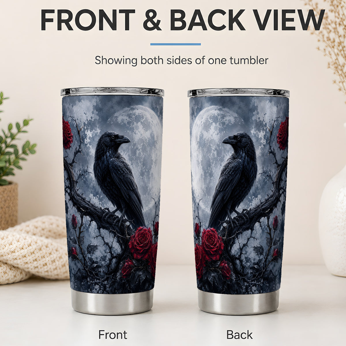 #pl[20oz|Steel] Gothic Raven Rose 20oz Tumbler, Full Moon Floral Art for Raven Fans