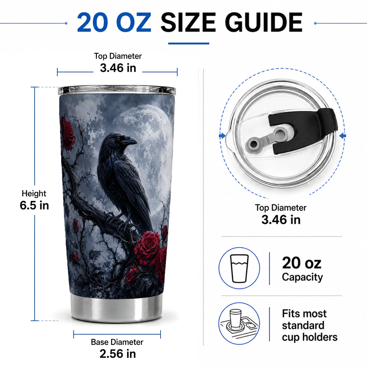 #pl[20oz|Steel] Gothic Raven Rose 20oz Tumbler, Full Moon Floral Art for Raven Fans
