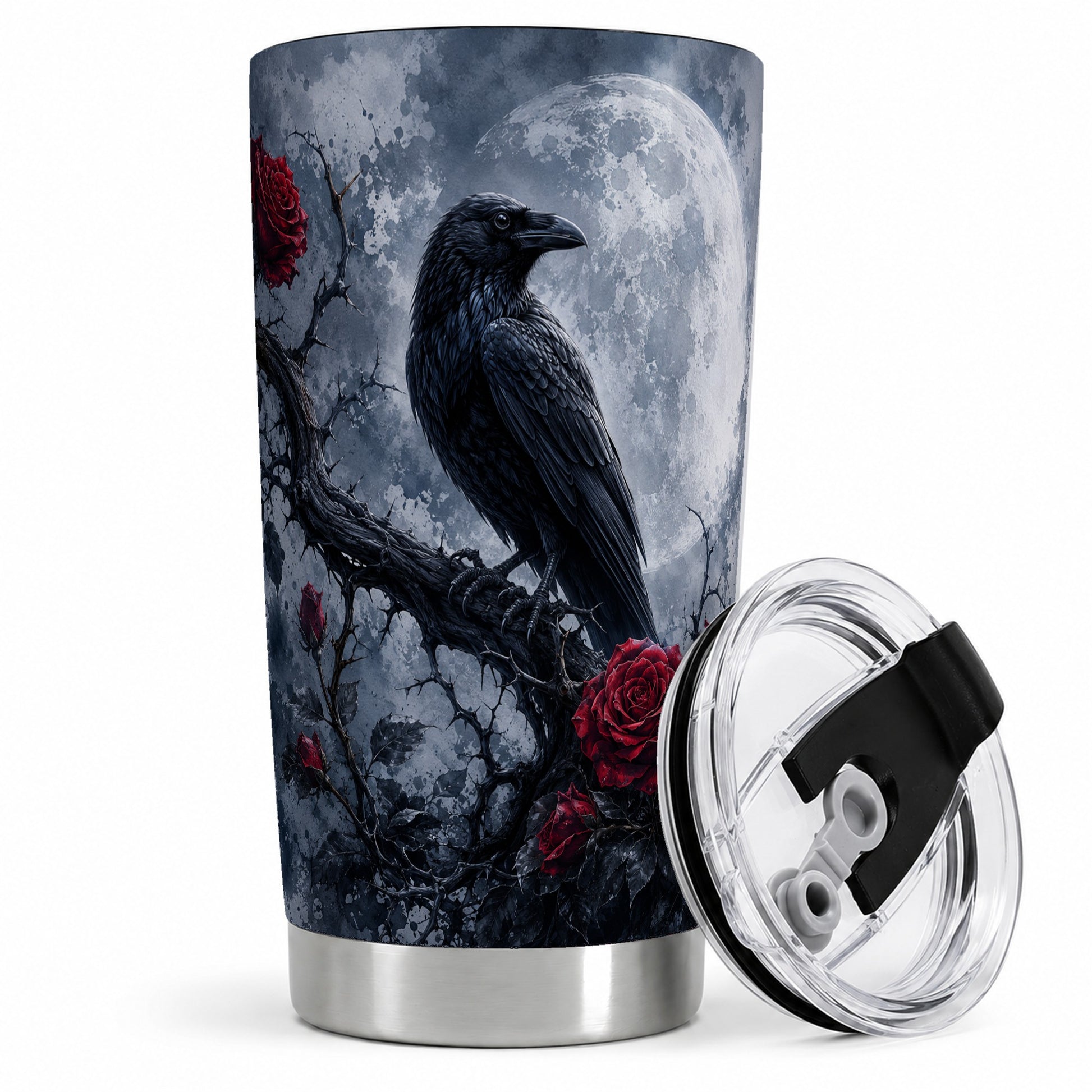 Gothic Raven Rose 20oz Tumbler, Full Moon Floral Art for Raven Fans