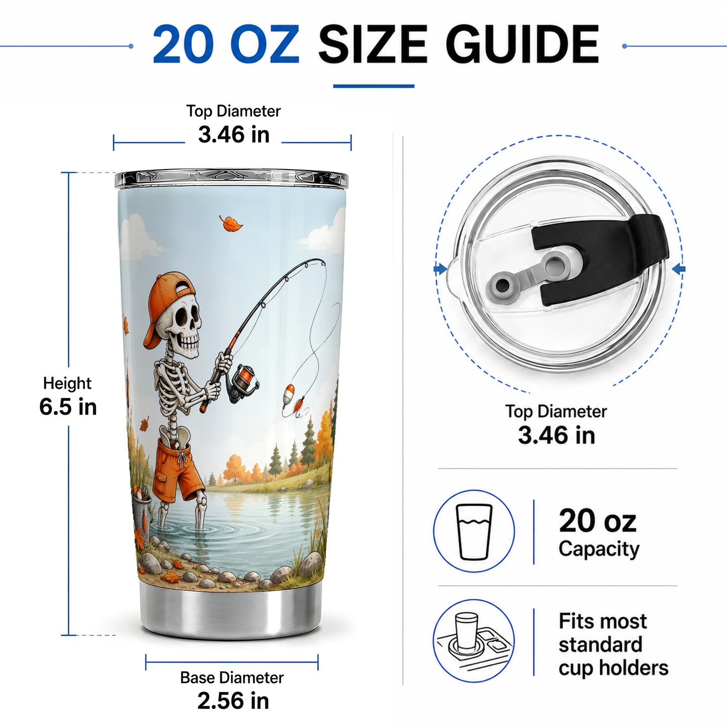 #pl[20oz|Steel] Skeleton Fishing 20oz Tumbler, Autumn Lake Fishing Art for Anglers