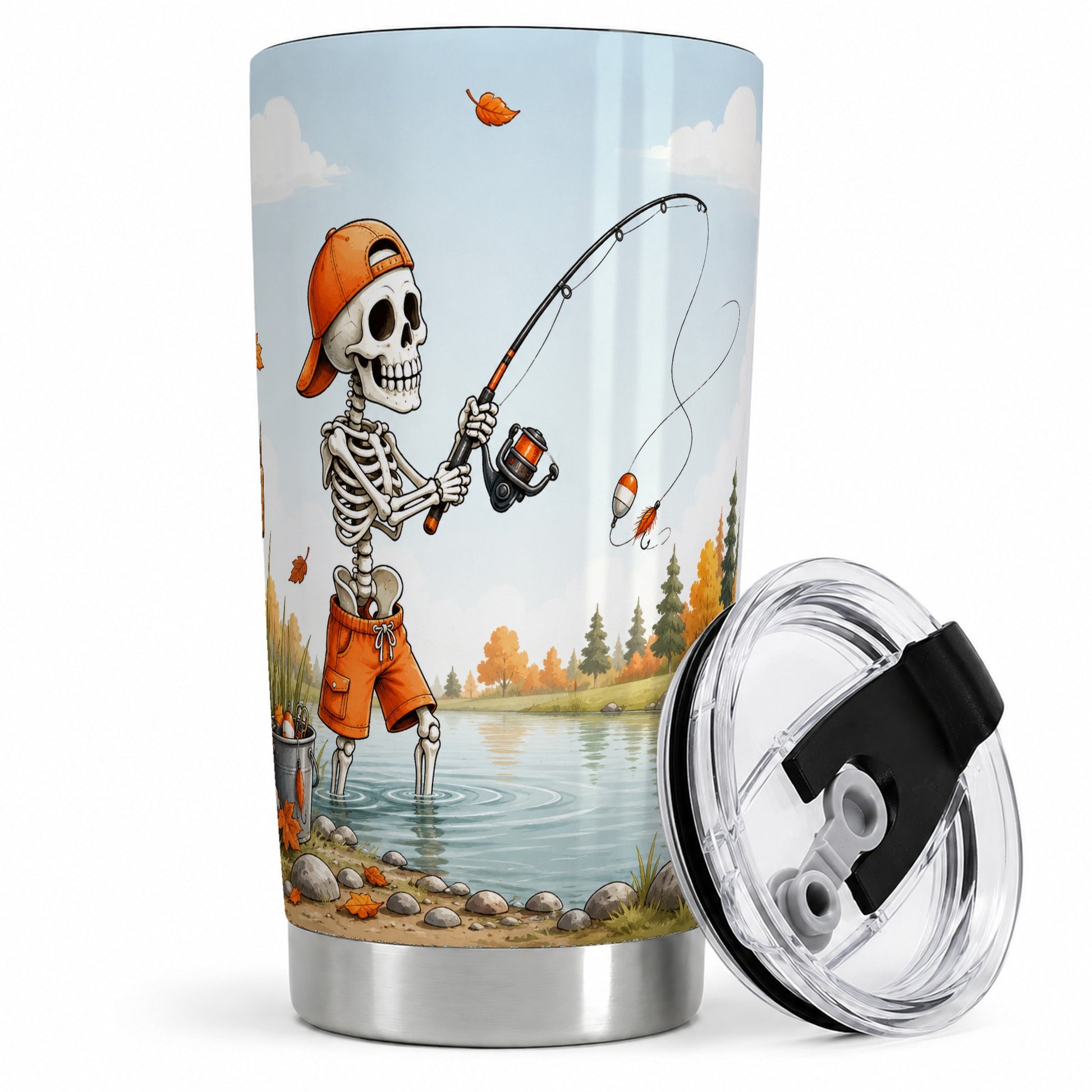 Skeleton Fishing 20oz Tumbler, Autumn Lake Fishing Art for Anglers