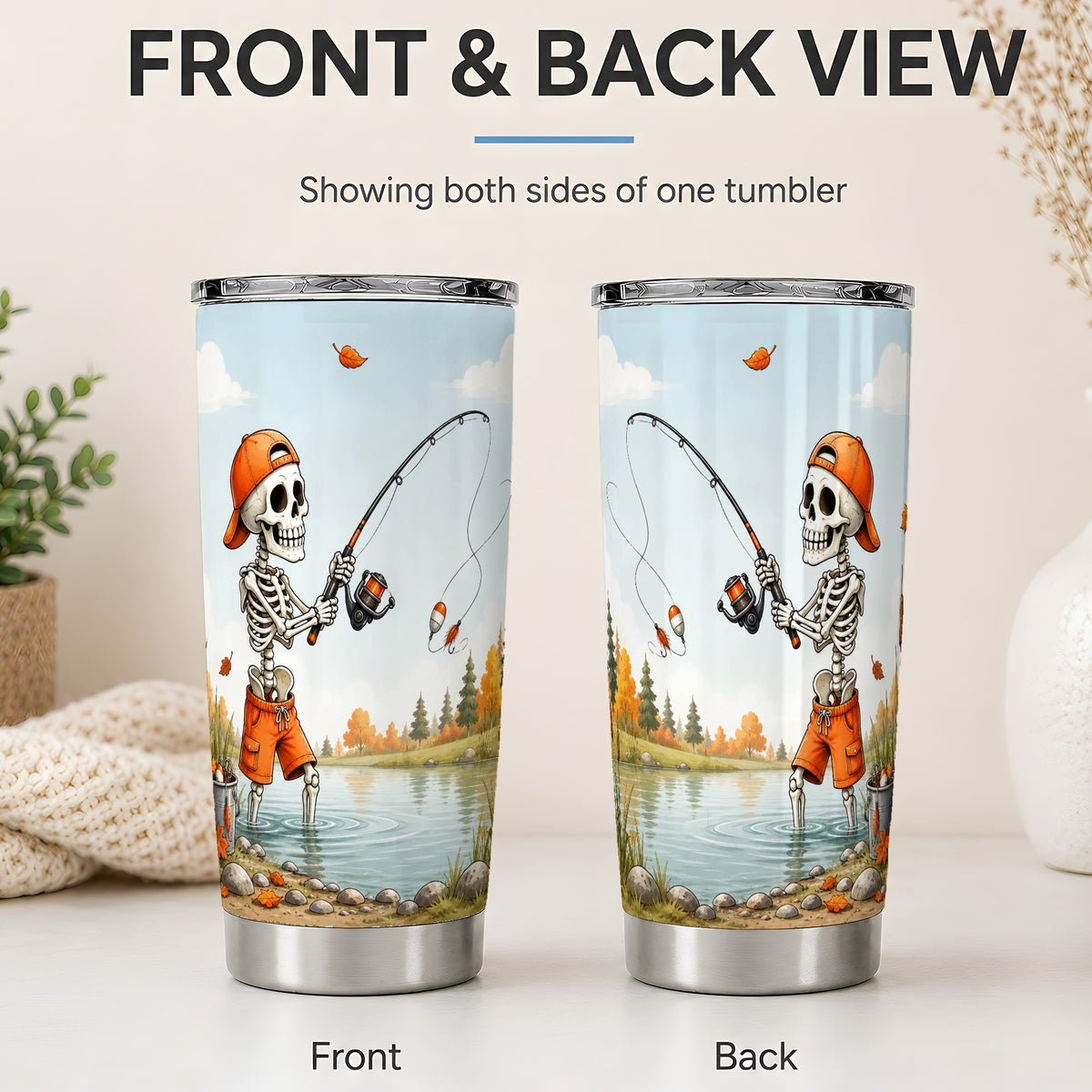 #pl[20oz|Steel] Skeleton Fishing 20oz Tumbler, Autumn Lake Fishing Art for Anglers