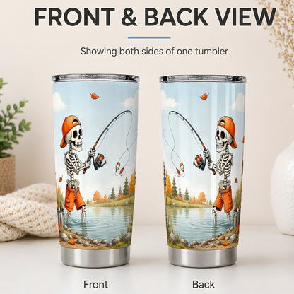 #pl[20oz|Steel] Skeleton Fishing 20oz Tumbler, Autumn Lake Fishing Art for Anglers