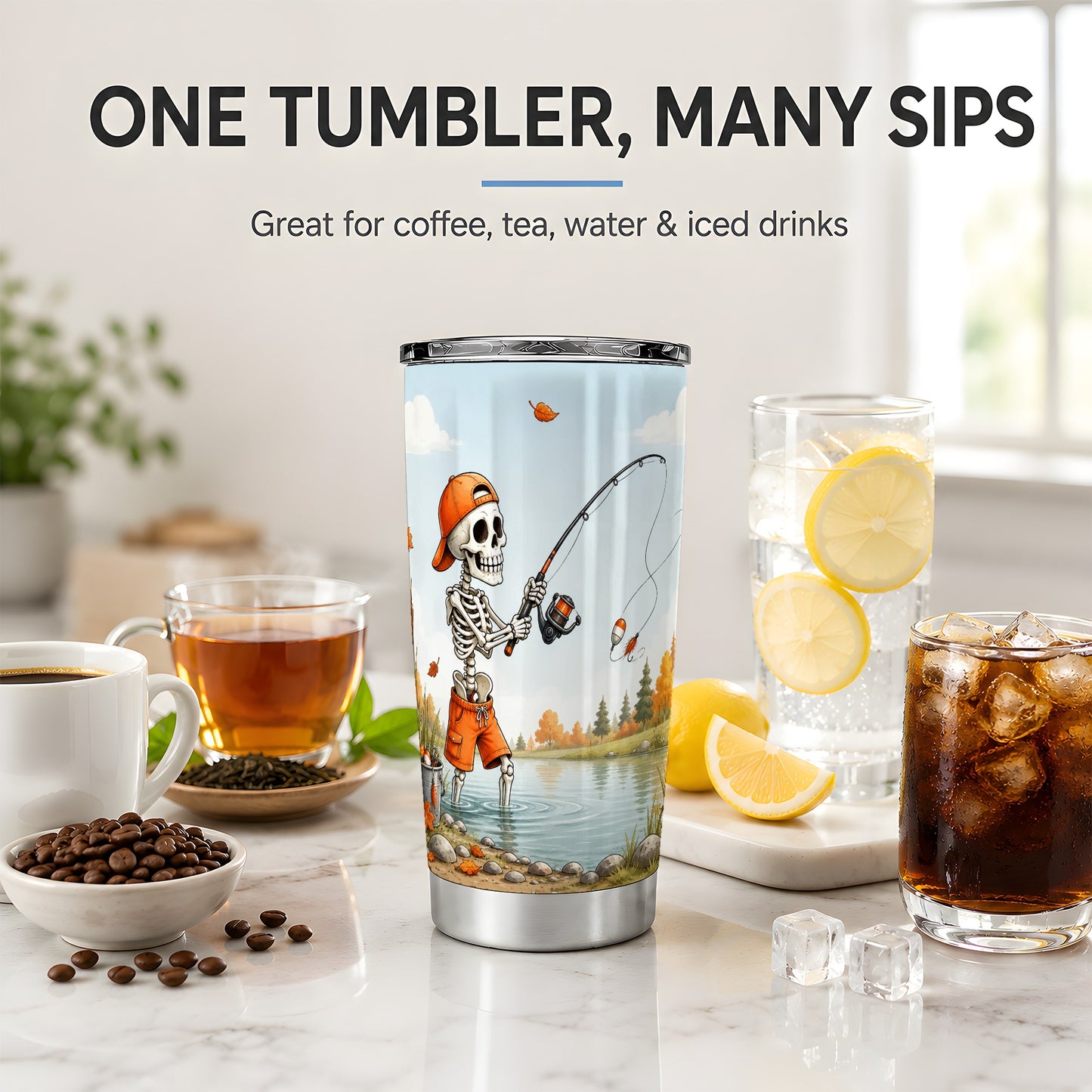 #pl[20oz|Steel] Skeleton Fishing 20oz Tumbler, Autumn Lake Fishing Art for Anglers