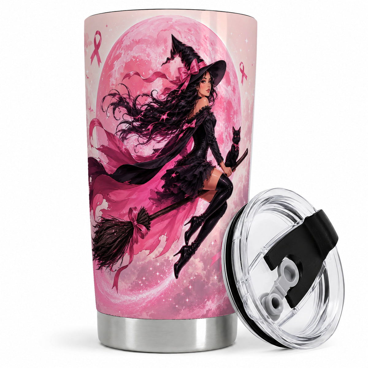 Pink Ribbon Witch 20oz Tumbler, Moon Cat Art for Awareness Supporters