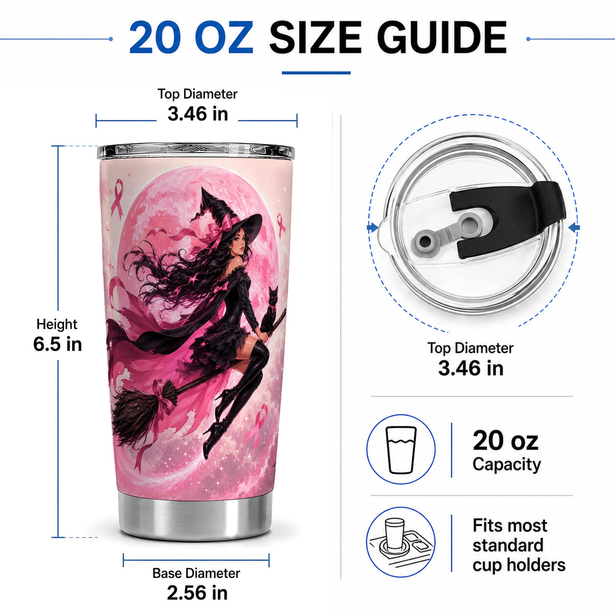 #pl[20oz|Steel] Pink Ribbon Witch 20oz Tumbler, Moon Cat Art for Awareness Supporters
