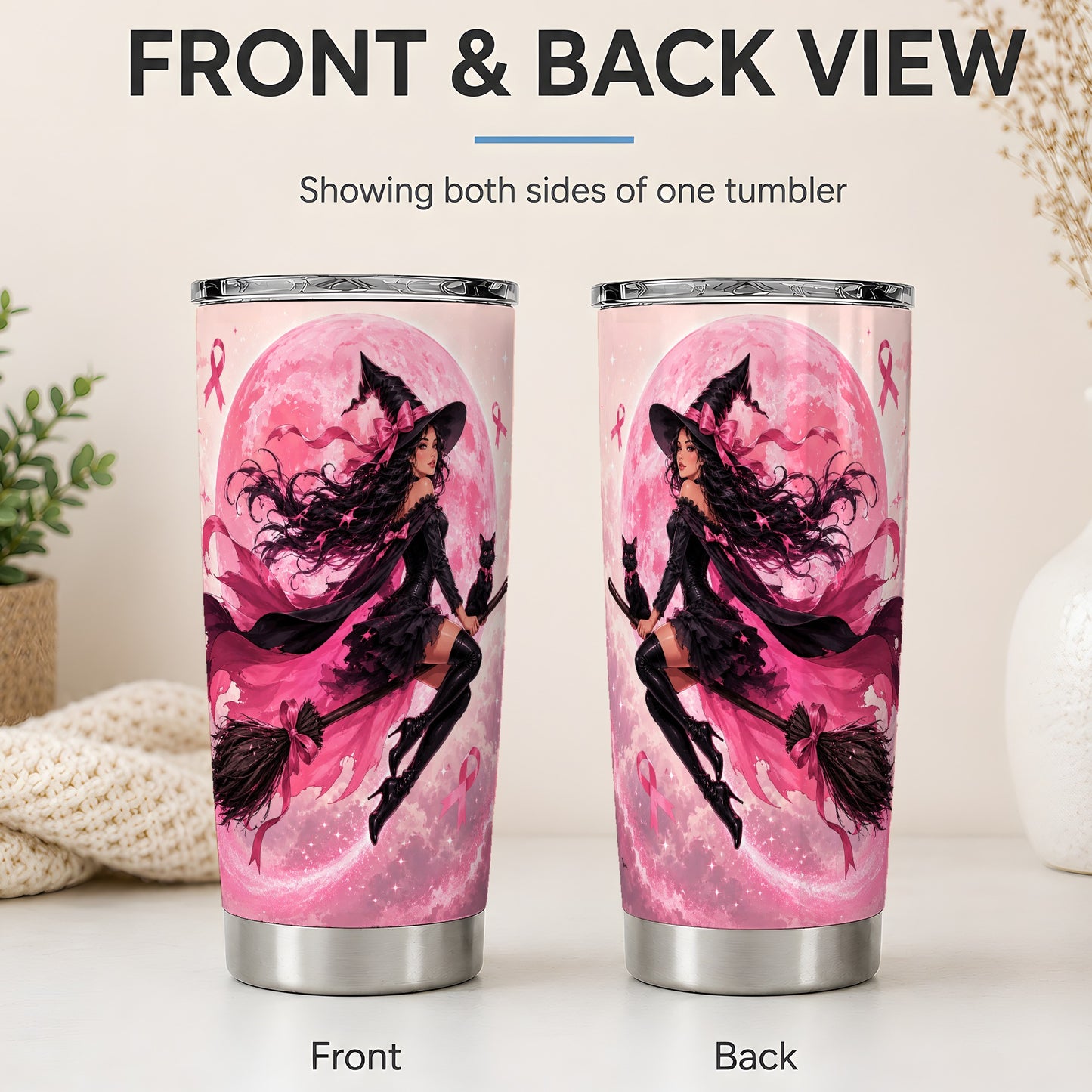 #pl[20oz|Steel] Pink Ribbon Witch 20oz Tumbler, Moon Cat Art for Awareness Supporters