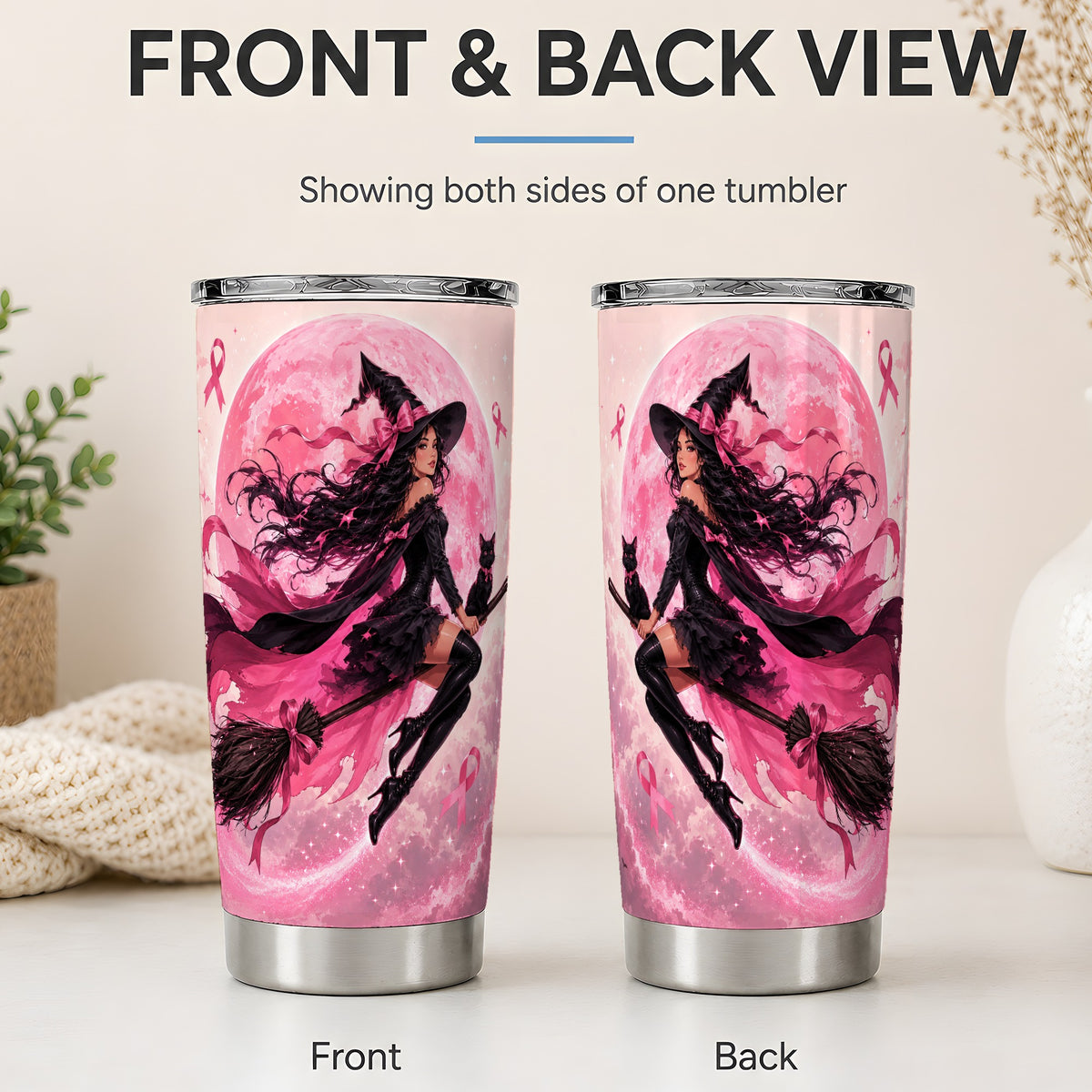 #pl[20oz|Steel] Pink Ribbon Witch 20oz Tumbler, Moon Cat Art for Awareness Supporters