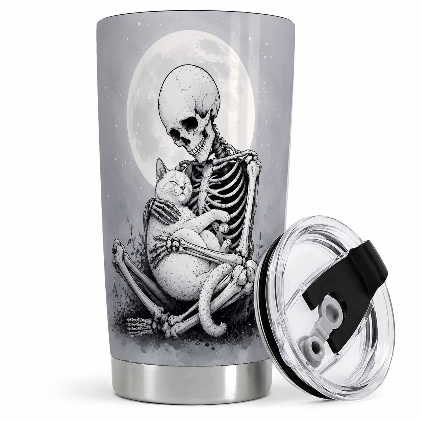 Skeleton Cat Hug 20oz Tumbler, Full Moon Spooky Art for Cat Lovers