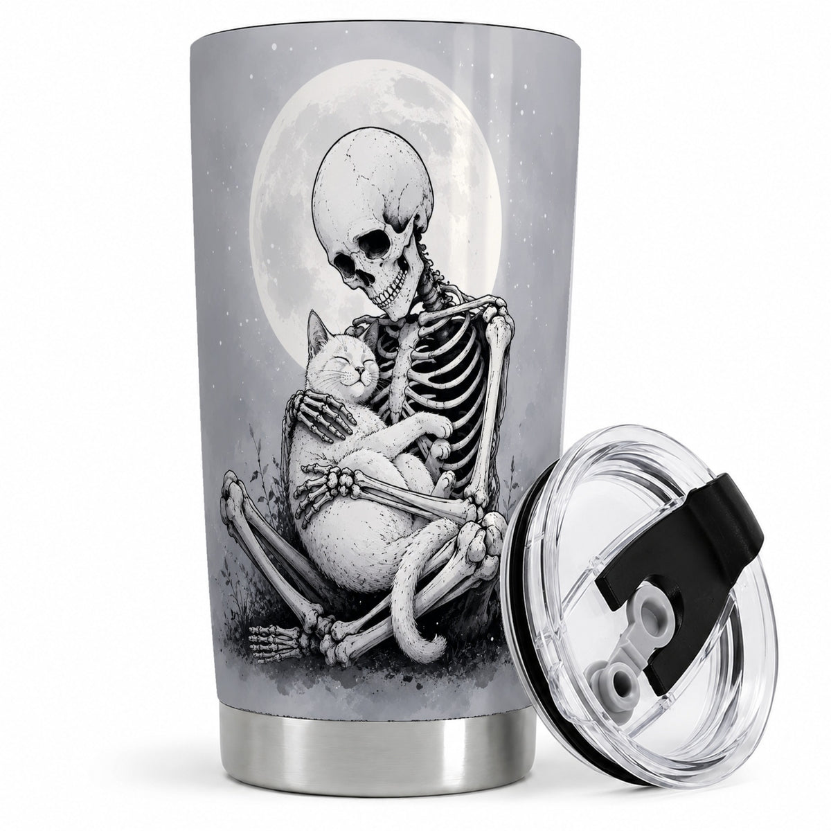Skeleton Cat Hug 20oz Tumbler, Full Moon Spooky Art for Cat Lovers