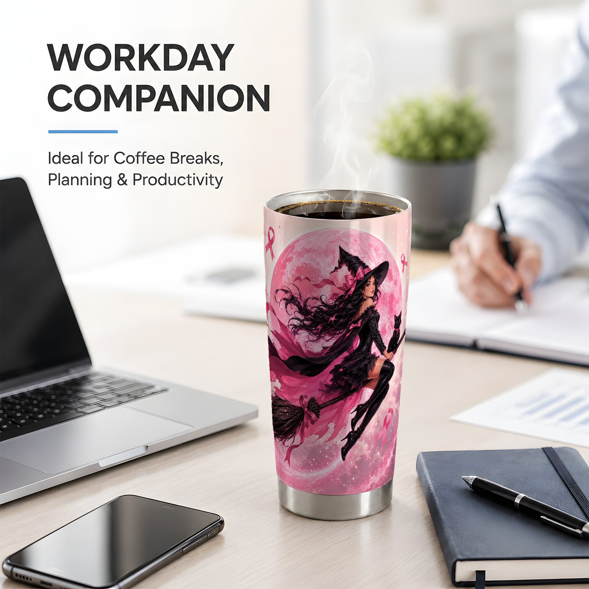 #pl[20oz|Steel] Pink Ribbon Witch 20oz Tumbler, Moon Cat Art for Awareness Supporters