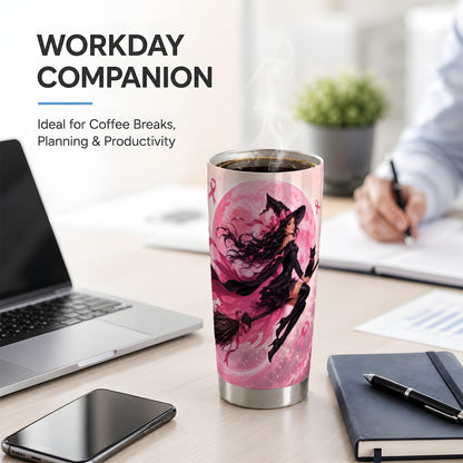 #pl[20oz|Steel] Pink Ribbon Witch 20oz Tumbler, Moon Cat Art for Awareness Supporters