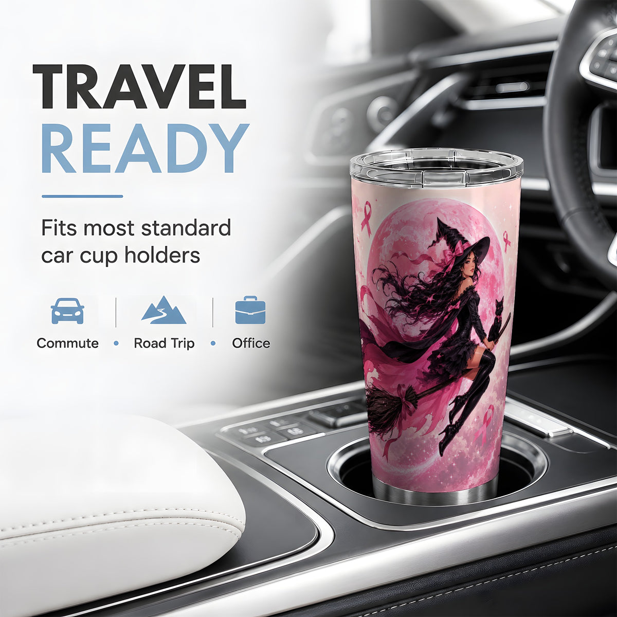 #pl[20oz|Steel] Pink Ribbon Witch 20oz Tumbler, Moon Cat Art for Awareness Supporters