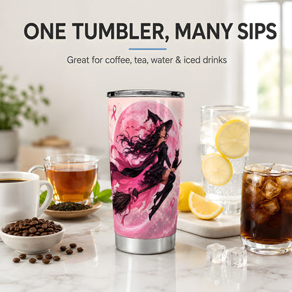 #pl[20oz|Steel] Pink Ribbon Witch 20oz Tumbler, Moon Cat Art for Awareness Supporters