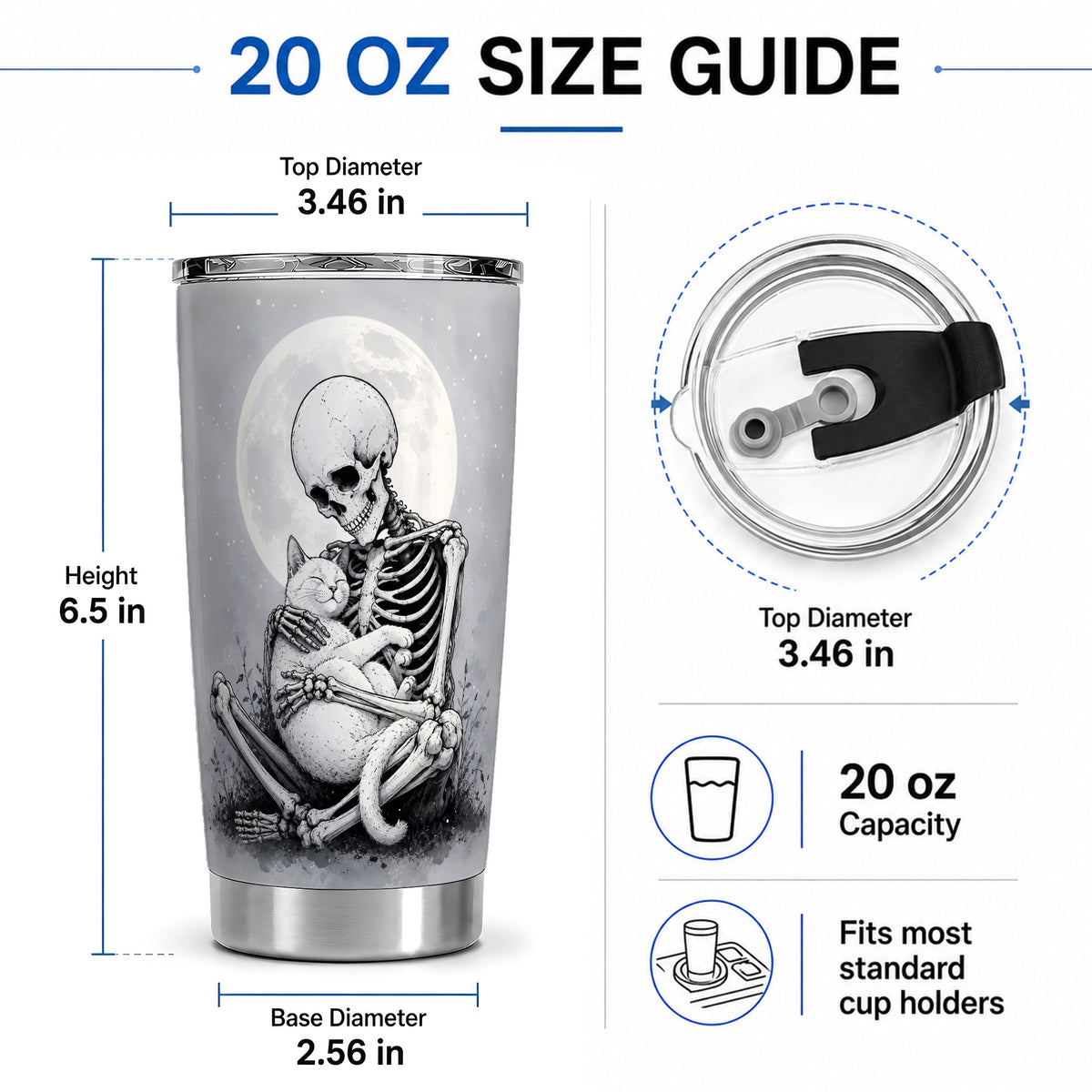 #pl[20oz|Steel] Skeleton Cat Hug 20oz Tumbler, Full Moon Spooky Art for Cat Lovers