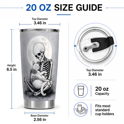#pl[20oz|Steel] Skeleton Cat Hug 20oz Tumbler, Full Moon Spooky Art for Cat Lovers