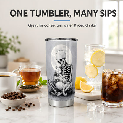 #pl[20oz|Steel] Skeleton Cat Hug 20oz Tumbler, Full Moon Spooky Art for Cat Lovers