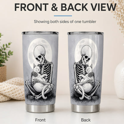 #pl[20oz|Steel] Skeleton Cat Hug 20oz Tumbler, Full Moon Spooky Art for Cat Lovers