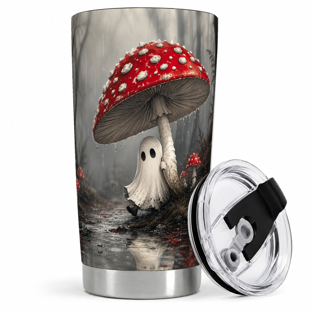 Rainy Mushroom Ghost 20oz Tumbler, Spooky Forest Art for Ghost Fans