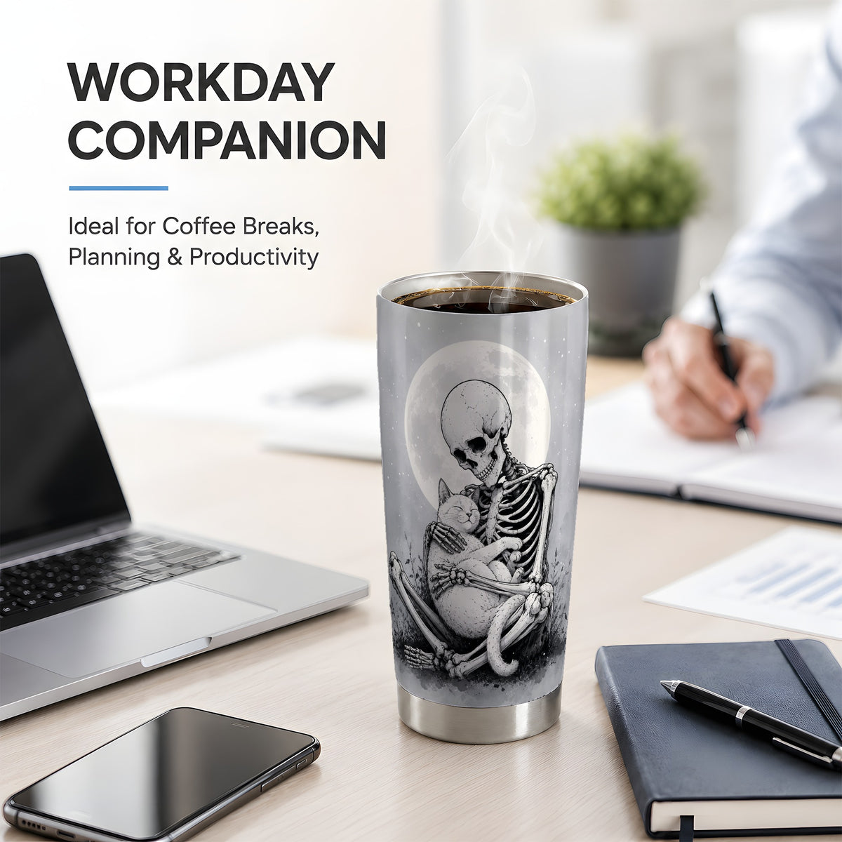 #pl[20oz|Steel] Skeleton Cat Hug 20oz Tumbler, Full Moon Spooky Art for Cat Lovers