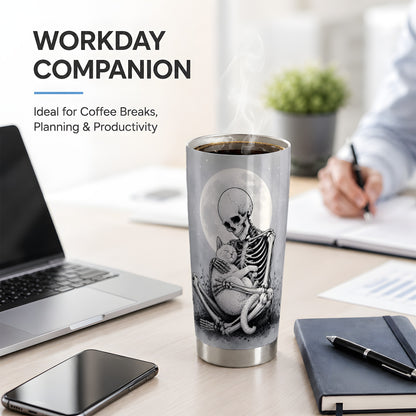 #pl[20oz|Steel] Skeleton Cat Hug 20oz Tumbler, Full Moon Spooky Art for Cat Lovers
