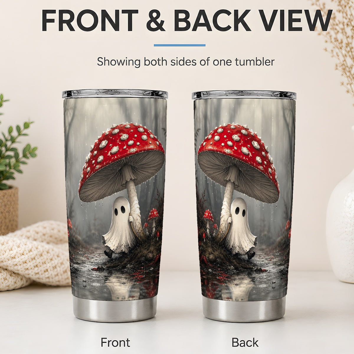 #pl[20oz|Steel] Rainy Mushroom Ghost 20oz Tumbler, Spooky Forest Art for Ghost Fans