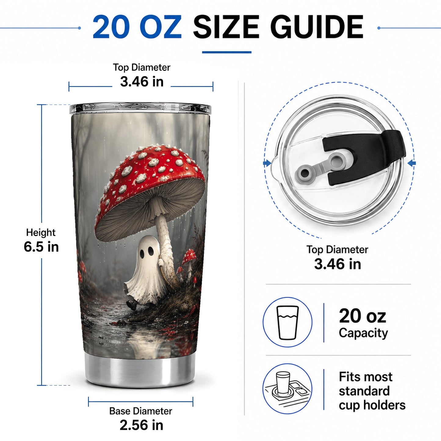 #pl[20oz|Steel] Rainy Mushroom Ghost 20oz Tumbler, Spooky Forest Art for Ghost Fans