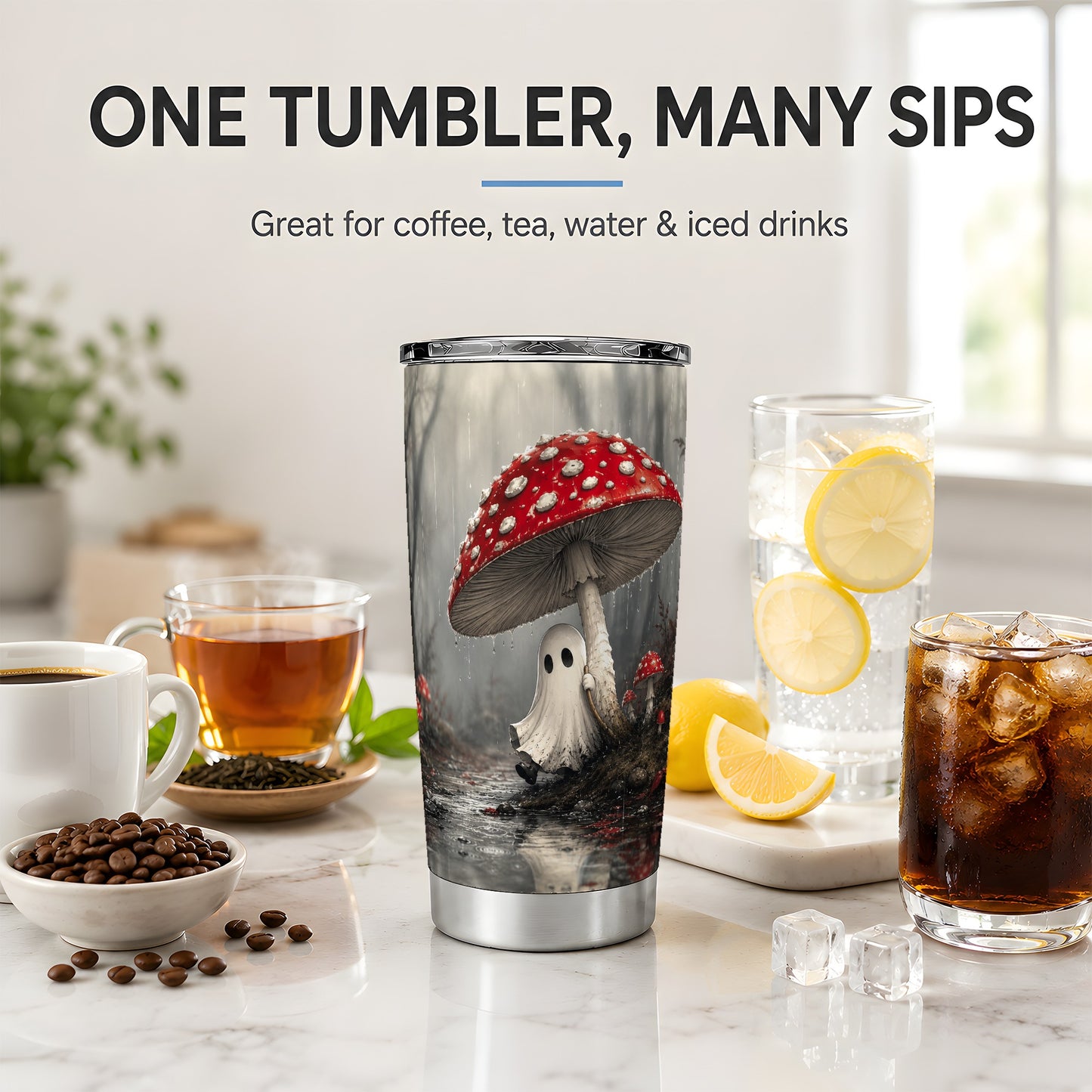 #pl[20oz|Steel] Rainy Mushroom Ghost 20oz Tumbler, Spooky Forest Art for Ghost Fans