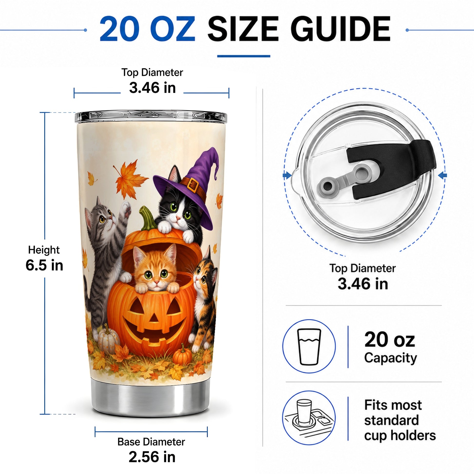 #pl[20oz|Steel] Halloween Pumpkin Kittens 20oz Tumbler, Autumn Cat Art for Cat Lovers