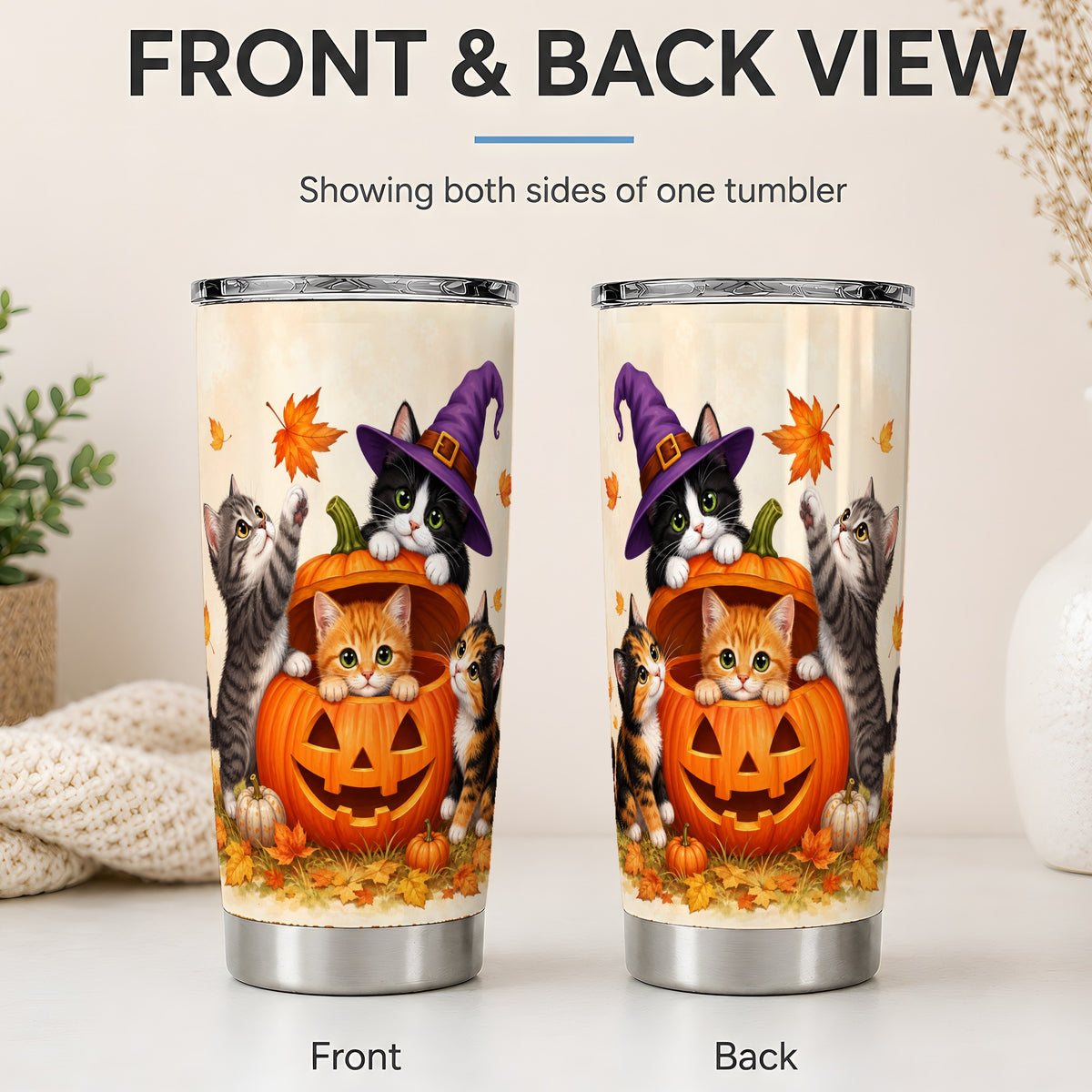 #pl[20oz|Steel] Halloween Pumpkin Kittens 20oz Tumbler, Autumn Cat Art for Cat Lovers