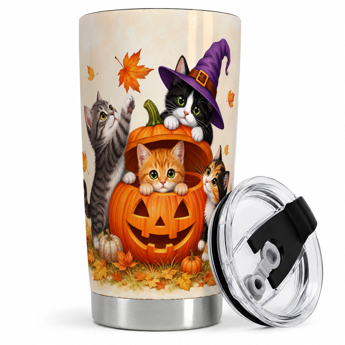 Halloween Pumpkin Kittens 20oz Tumbler, Autumn Cat Art for Cat Lovers
