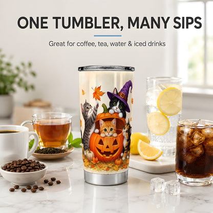 #pl[20oz|Steel] Halloween Pumpkin Kittens 20oz Tumbler, Autumn Cat Art for Cat Lovers