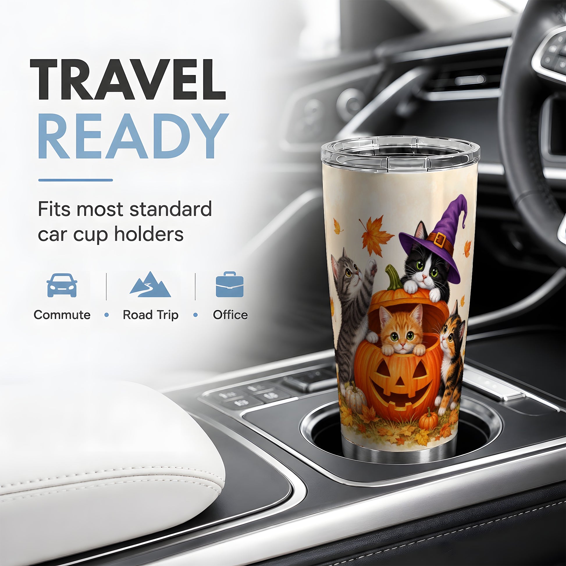 #pl[20oz|Steel] Halloween Pumpkin Kittens 20oz Tumbler, Autumn Cat Art for Cat Lovers