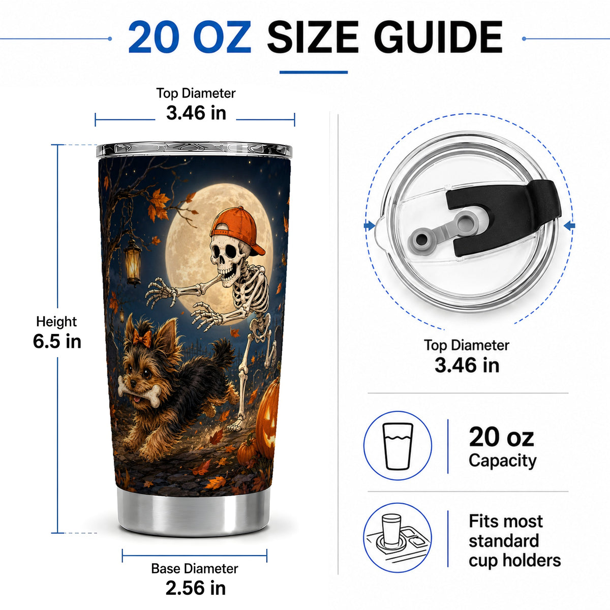 #pl[20oz|Steel] Skeleton Yorkie Chase 20oz Tumbler, Moonlit Halloween Art for Dog Lovers