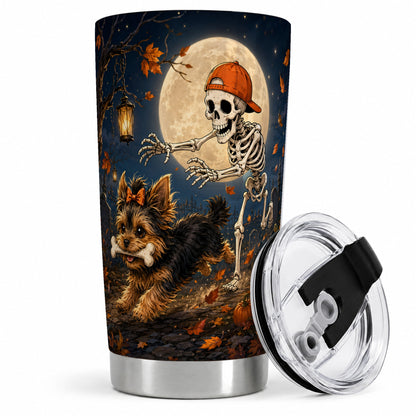 Skeleton Yorkie Chase 20oz Tumbler, Moonlit Halloween Art for Dog Lovers