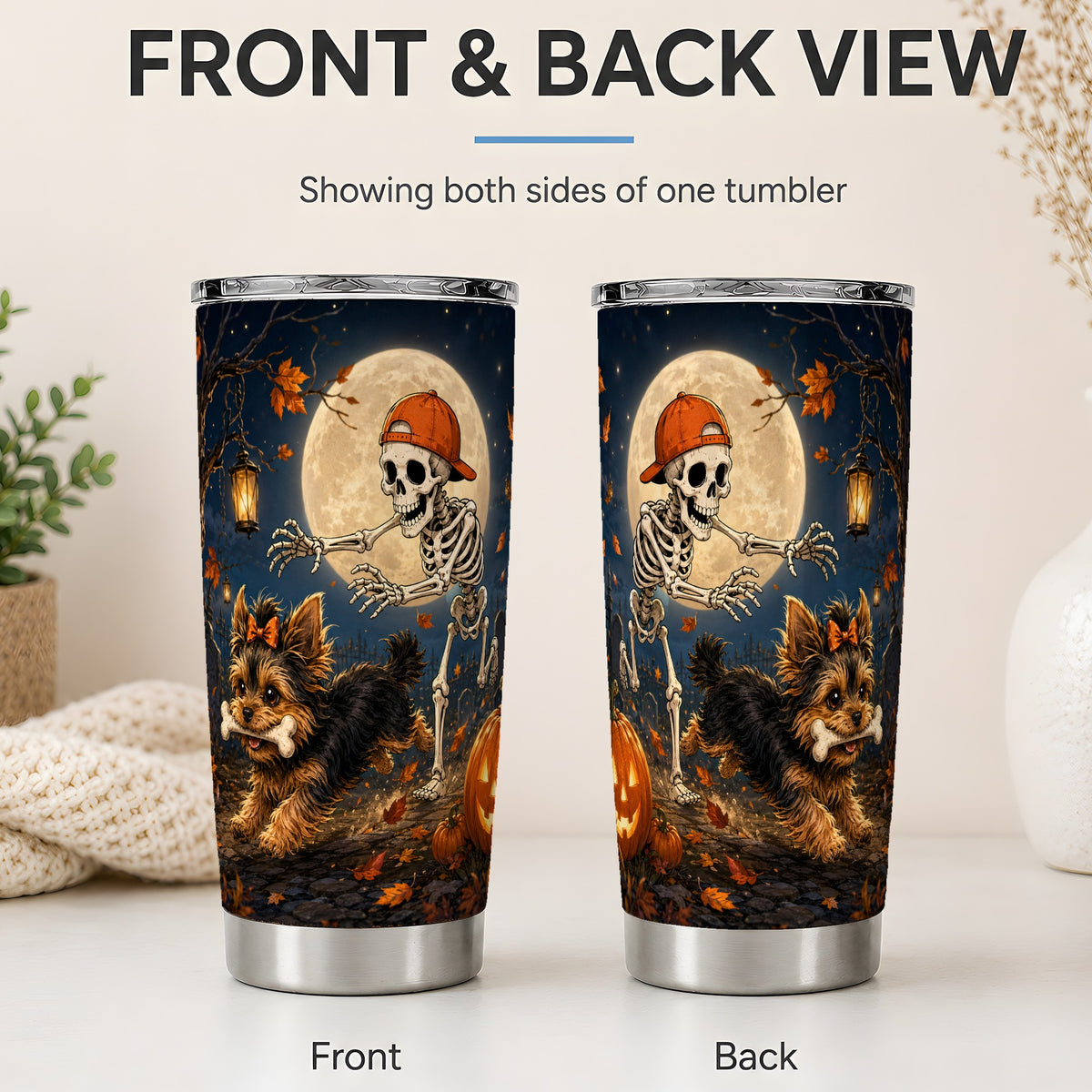 #pl[20oz|Steel] Skeleton Yorkie Chase 20oz Tumbler, Moonlit Halloween Art for Dog Lovers