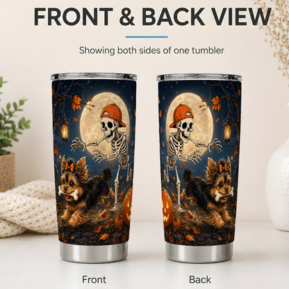 #pl[20oz|Steel] Skeleton Yorkie Chase 20oz Tumbler, Moonlit Halloween Art for Dog Lovers