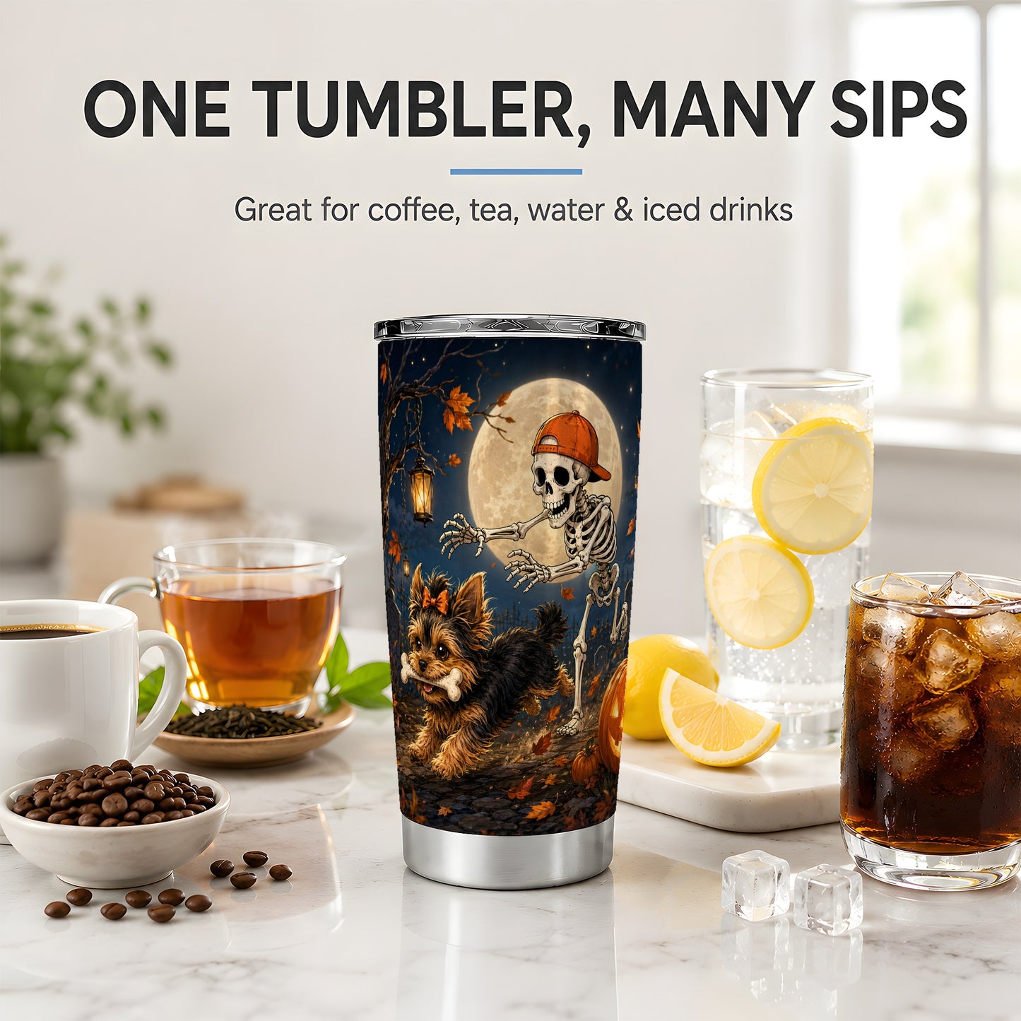 #pl[20oz|Steel] Skeleton Yorkie Chase 20oz Tumbler, Moonlit Halloween Art for Dog Lovers