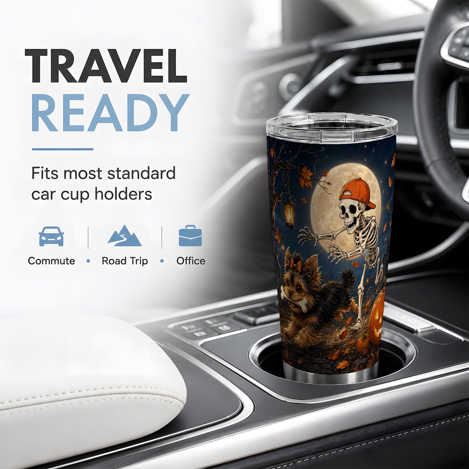 #pl[20oz|Steel] Skeleton Yorkie Chase 20oz Tumbler, Moonlit Halloween Art for Dog Lovers