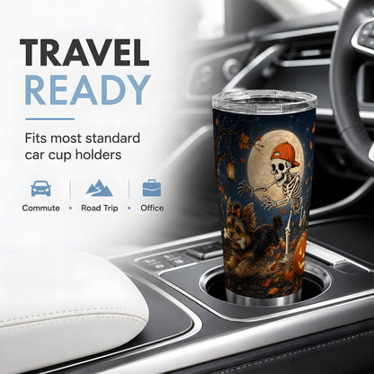 #pl[20oz|Steel] Skeleton Yorkie Chase 20oz Tumbler, Moonlit Halloween Art for Dog Lovers